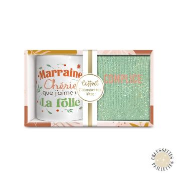 Coffret Mug "Marraine Chérie" et Chaussettes à paillettes "Complice" pour femme - Collection Famille d'Amour