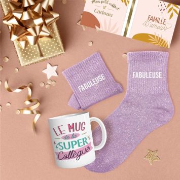 Coffret Mug "Super Collègue" et Chaussettes à paillettes "Fabuleuse" pour femme - Collection Famille d'Amour