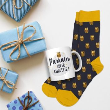 Coffret Cadeau Mug et Chaussettes - Parrain super chouette