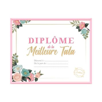 Diplôme de la meilleure tata dans un cadre rose | jourdefete.com