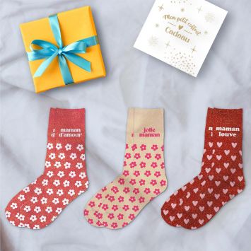 Coffret Trio de chaussettes à paillettes pour femme - Maman - Collection Famille d'Amour