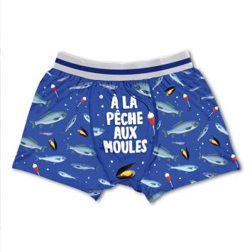 Boxer bleu à motif de poissons et moules avec inscription “À la pêche aux moules” | jourdefete.com