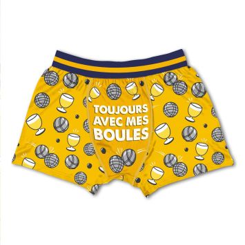 Boxer humoristique pétanque “Toujours avec mes boules” jaune avec motifs de boules et verres de pastis | jourdefete.com