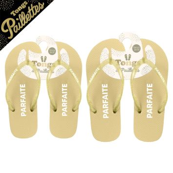 Paire de tongs colorées avec lanières à paillettes et message humoristique pour femme | jourdefete.com