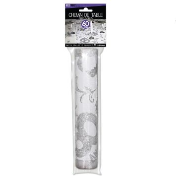 Chemin de table Anniversaire blanc motifs paillettes Argent – 60 ans | jourdefete.com
