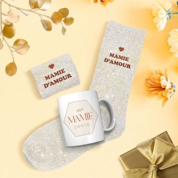 Coffret Cadeau Affectif Mug et Chaussettes à paillettes - Mamie - Collection Mamie d'Amour