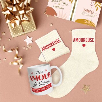 Coffret Mug à paillettes "Mon Amour" et Chaussettes à paillettes "Amoureuse" pour femme - Collection Famille d'Amour