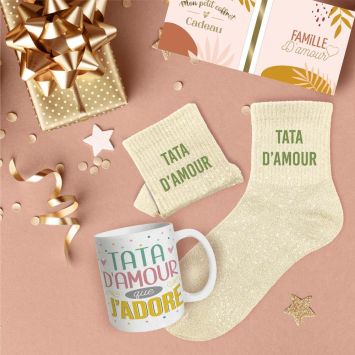 Coffret Mug et Chaussettes à paillettes "Tata d'Amour" pour femme - Collection Famille d'Amour