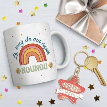 Coffret Mug à paillettes "Le mug de ma super marraine" et Porte-clés "Une nounou d'enfer"