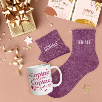Coffret Mug à paillettes "Copine un jour, copine toujours" et Chaussettes à paillettes "Géniale" pour femme - Collection Famille d'Amour