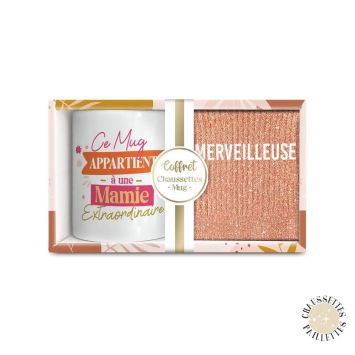Coffret Mug "Mamie Extraordinaire" et Chaussettes à paillettes "Merveilleuse" pour femme - Collection Famille d'Amour