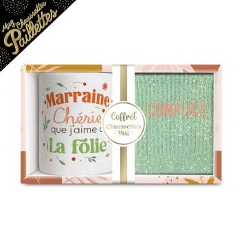 Coffret Mug à paillettes "Marraine Chérie" et Chaussettes à paillettes "Complice" pour femme - Collection Famille d'Amour