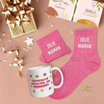 Coffret Mug à paillettes "Moment détente de Maman" et Chaussettes à paillettes "Jolie Maman" - Collection Maman d'Amour