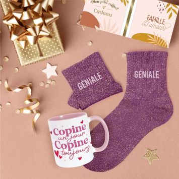 Coffret Mug "Copine" et Chaussettes à paillettes "Géniale" pour femme - Collection Famille d'Amour