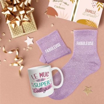 Coffret Mug à paillettes "Super Collègue" et Chaussettes à paillettes "Fabuleuse" pour femme - Collection Famille d'Amour