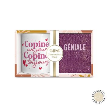 Coffret Mug "Copine" et Chaussettes à paillettes "Géniale" pour femme - Collection Famille d'Amour