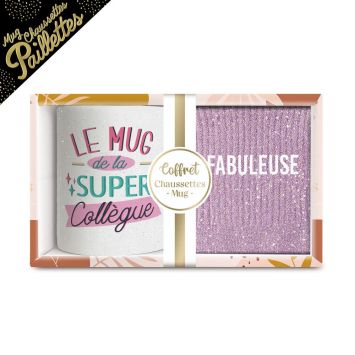 Coffret cadeau mug "Super Collègue" et chaussettes pailletées "Fabuleuse" | jourdefete.com