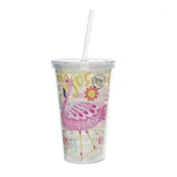 Gobelet Anniversaire en plastique avec Paille - Flamant Rose - Jaune | jourdefete.com