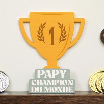 Décoration en bois à poser en forme de coupe "Papy champion du monde" - Collection Papy d'Amour