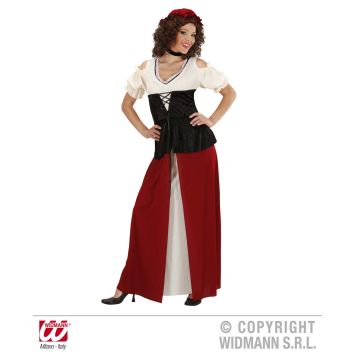 Déguisement de tavernière médiévale pour femme avec robe longue rouge et blanche, corset noir et manches bouffantes, coiffée d’un bonnet rouge.
