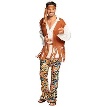 Déguisement hippie homme taille unique avec pantalon psychédélique et gilet à franges | jourdefete.com