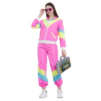 Femme déguisée en survêtement fluo rétro rose années 80 | jourdefete.com