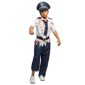 Garçon portant un déguisement de policier zombie pour Halloween avec chemise ensanglantée et casquette | jourdefete.com