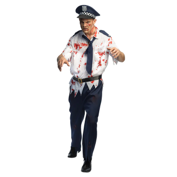 Homme arborant un costume de policier zombie couvert de faux sang pour la fête d'Halloween | jourdefete.com
