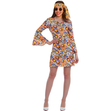 Femme en déguisement hippie coloré avec robe à motifs | jourdefete.com