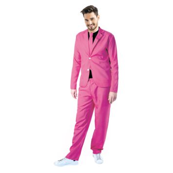 Déguisement costume homme rose avec veste, pantalon et cravate assortie pour une soirée festive.