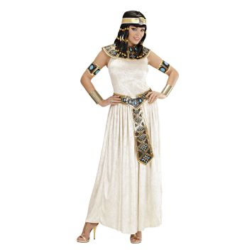 Déguisement femme Cléopâtre longue robe blanche avec col doré et ceinture égyptienne décorée.