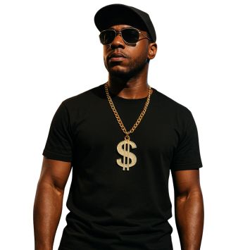 Homme portant un gros collier chaîne dorée et un pendentif en forme de signe dollar | jourdefete.com