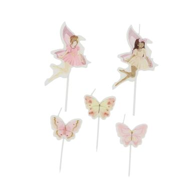 5 bougies en forme de fées et de papillons sur pics - Collection Fairy World