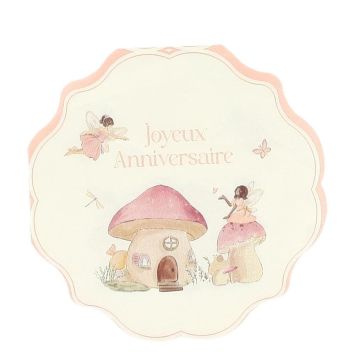 Serviettes anniversaire fée et champignon rose pastel Joyeux Anniversaire 33x33 cm | jourdefete.com