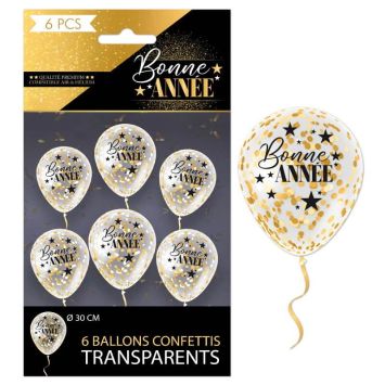 6 Ballons Transparents avec Confettis " Bonne Année " - Noir & Or - 30 cm
