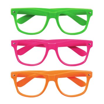 Lot de 3 paires de lunettes de fête fluo sans verres couleurs vert, rose et orange pour accessoires de déguisement | jourdefete.com