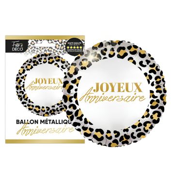 Ballon métallique rond avec contour motif léopard et écriture dorée Joyeux Anniversaire pour adulte | jourdefete.com