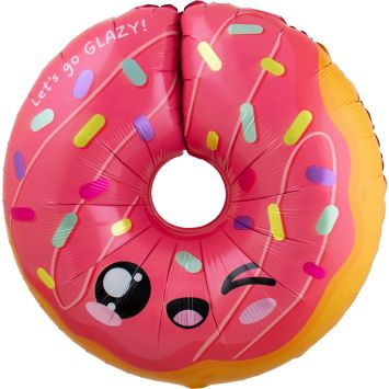 Ballon aluminium en forme de donut rose kawaii avec des vermicelles colorés et un visage souriant | jourdefete.com