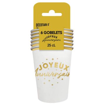 6 gobelets "Joyeux Anniversaire" en carton - 25 cl - Couleur au choix