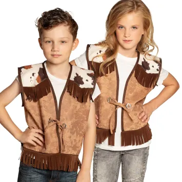 Déguisement enfant gilet western camel avec franges et imprimé vache | jourdefete.com