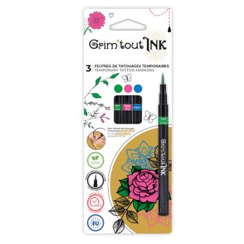 3 feutres de tatouages temporaires - Vert, rose et turquoise - Grim'tout Ink