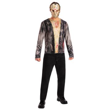 Homme en costume de tueur avec masque de hockey beige et t-shirt imprimé ensanglanté pour fête d'épouvante | jourdefete.com