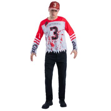 Kit déguisement Halloween avec top et casquette de quarterback zombie pour adulte en pleine pose effrayante | jourdefete.com