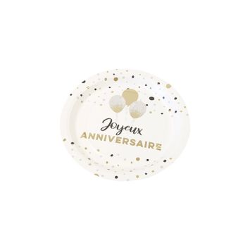 Petite assiette en carton "Joyeux Anniversaire" avec ballons dorés et pois noirs et or | jourdefete.com