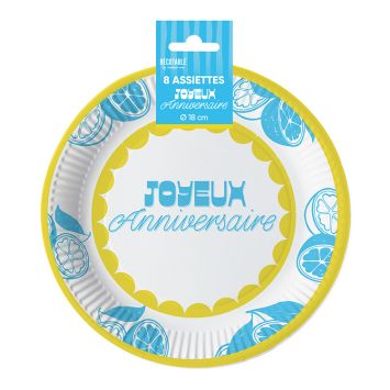 8 assiettes "Joyeux Anniversaire" en carton - Diamètre 18 cm - Collection Lemon