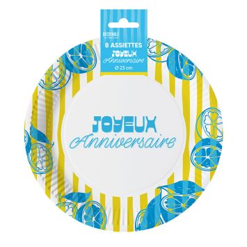 8 assiettes "Joyeux Anniversaire" en carton - Diamètre 23 cm - Collection Lemon