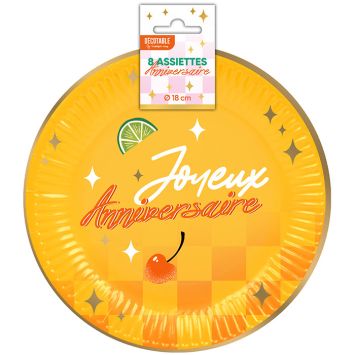 8 assiettes "Joyeux Anniversaire" en carton - Diamètre 18 cm - Collection Retro Pop