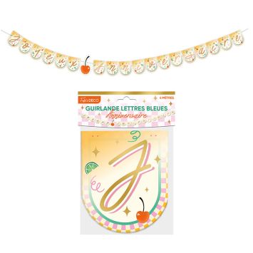 Guirlande de lettres Joyeux Anniversaire thème rétro pop avec motifs cerises et damier pastel | jourdefete.com