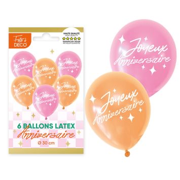 6 ballons "Joyeux Anniversaire" en latex - Diamètre 30 cm - Collection Retro Pop