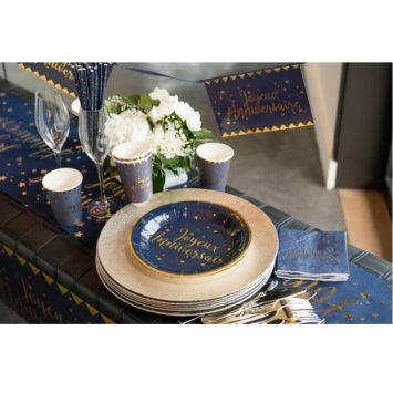 10 Gobelets en Carton "Joyeux Anniversaire" Bleu Marine Métallisé